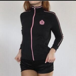 Ralph Lauren Black Zip Up Jacket Pink Piping Crest Logo Pocket Sporty Preppy
